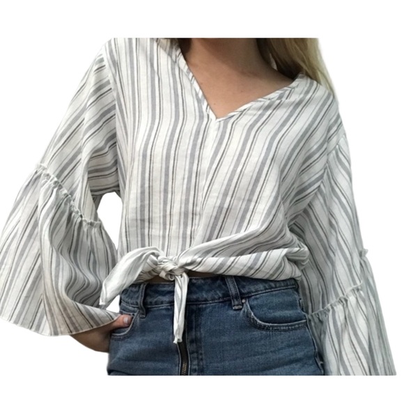 lavender field Tops - Lavender Field Tie Front Bell Sleeve V-Neck Boho Top